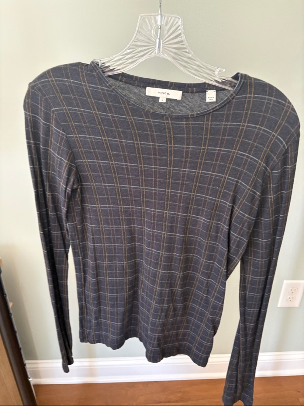Vince Navy Plaid Long-Sleeve Tissue Tee